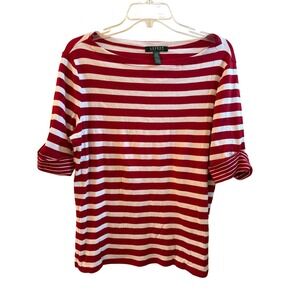Lauren Ralph Lauren Red White Striped Boat Neck Cotton Coastal Beach Size XL